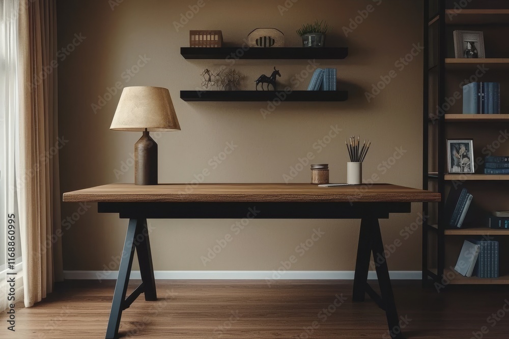 Interior arrangement of a living room including a mock-up poster frame, wooden desk, rattan chair, black rack, vase with a branch, books, brown walls, and office accessories. Home decor. Template Interior arrangement of a living room including a mock-up poster frame, wooden desk, rattan chair, black rack, vase with a branch, books, brown walls, and office accessories. Home decor. Template