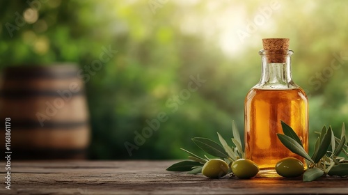 A beautiful glass bottle of olive oil surrounded by fresh green olives, set against a blurred natural background that complements its organic nature. photo