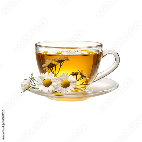A glass cup of chamomile tea with flowers isolated on a transparent background, in PNG format, Herbal tea PNG