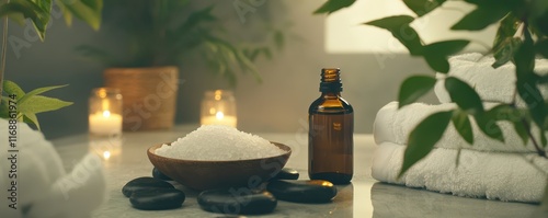 Photo of a spa setting with green leaves, candlelight, and white towels on the right side. On top is an amber bottle containing essential oil or therapy cream. In front, there is a bowl of salt surrou photo