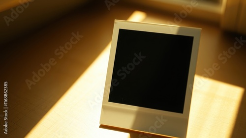 Blank instant photograph in sunlight on wooden surface