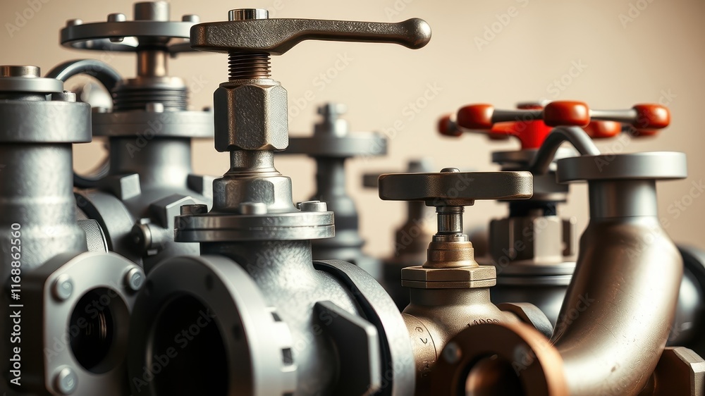 Close-up of Industrial Pipe Valves and Fittings A Detailed View of Metal Components Close-up of Industrial Pipe Valves and Fittings A Detailed View of Metal Components