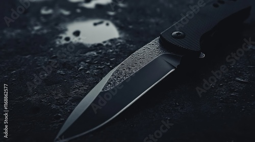 A black knife with a silver blade is laying on a wet surface