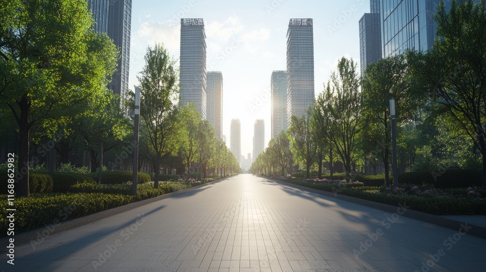 Obraz premium Futuristic China: Cinematic View of Wide Boulevard with Curving Towers and Animated Calligraphy Panels