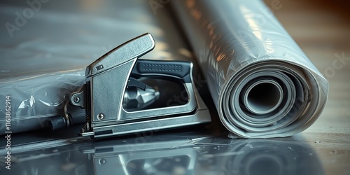 Close-up of a metallic staple gun beside a roll of flexible sheeting photo