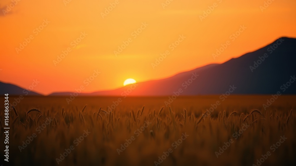 Golden Hour Serenity Sun Setting Over a Wheat Field and Distant Mountains Golden Hour Serenity Sun Setting Over a Wheat Field and Distant Mountains