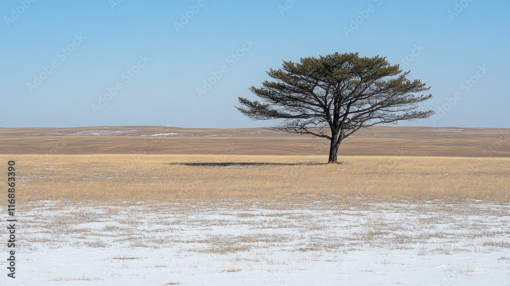 Lone tree in snowy, expansive prairie landscape under a clear blue sky. Lone tree in snowy, expansive prairie landscape under a clear blue sky.