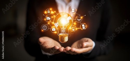 An e-learning graduate certificate program concept visualized. A man holding a lightbulb and donning a graduation hat signifies an Internet education course degree, marking the shift from studying photo