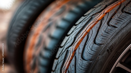 A close-up of well-worn car tires showcasing their textured surface and intricate tread pattern, symbolizing reliability and adventure on the open road in automotive visuals. photo