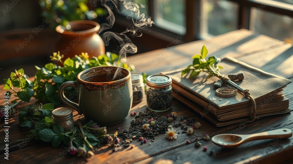 Aromatic herbal tea steams in a rustic mug, nestled amidst wildflowers and dried herbs on a wooden table, beside a vintage journal Aromatic herbal tea steams in a rustic mug, nestled amidst wildflowers and dried herbs on a wooden table, beside a vintage journal