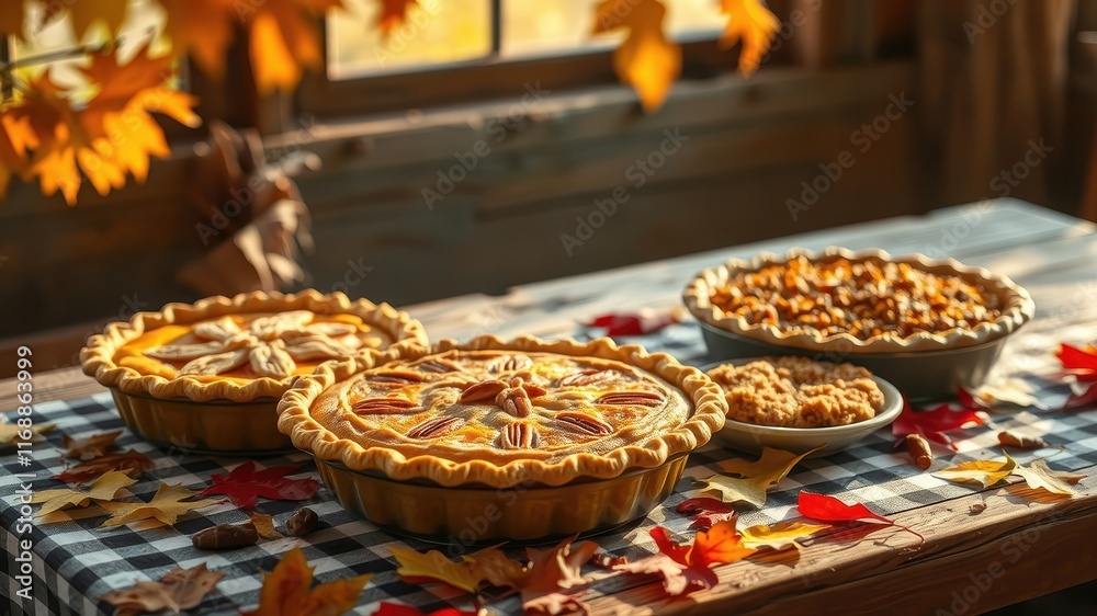 Fototapeta premium Golden-crusted autumn pies and crumbles displayed on a rustic checkered table, surrounded by colorful fall leaves