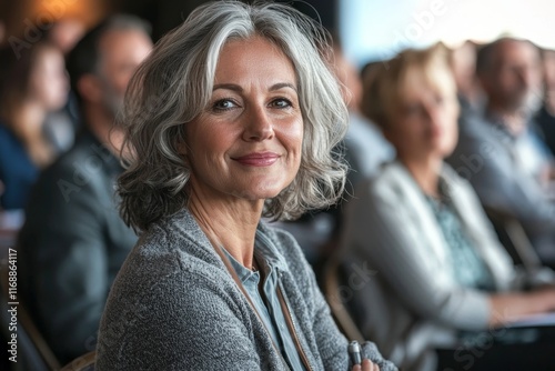 In a modern office, a smiling woman takes part in a professional workshop with her colleagues, showing signs of engagement and strong teamwork