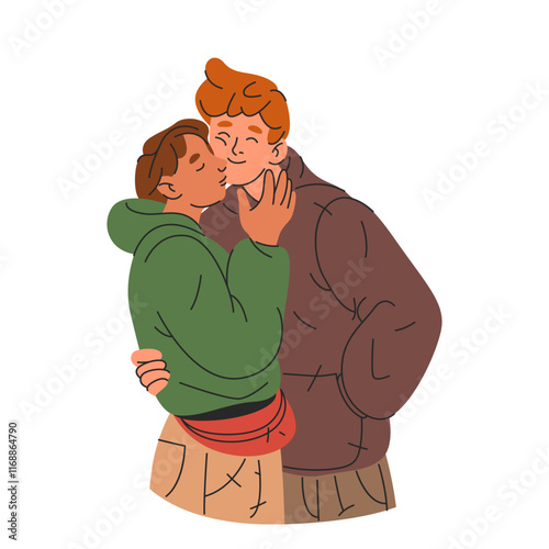 Friends or couple are kissing. Vector image or clipart. Friendship or romantic relationship. Young people in love. Tender feelings, hugs and kisses. Valentines day. Love you.