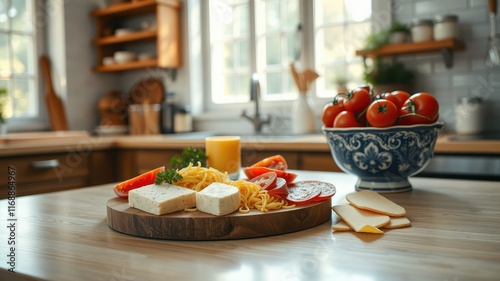 Kitchen counter with dairy products, pasta, and tomatoes