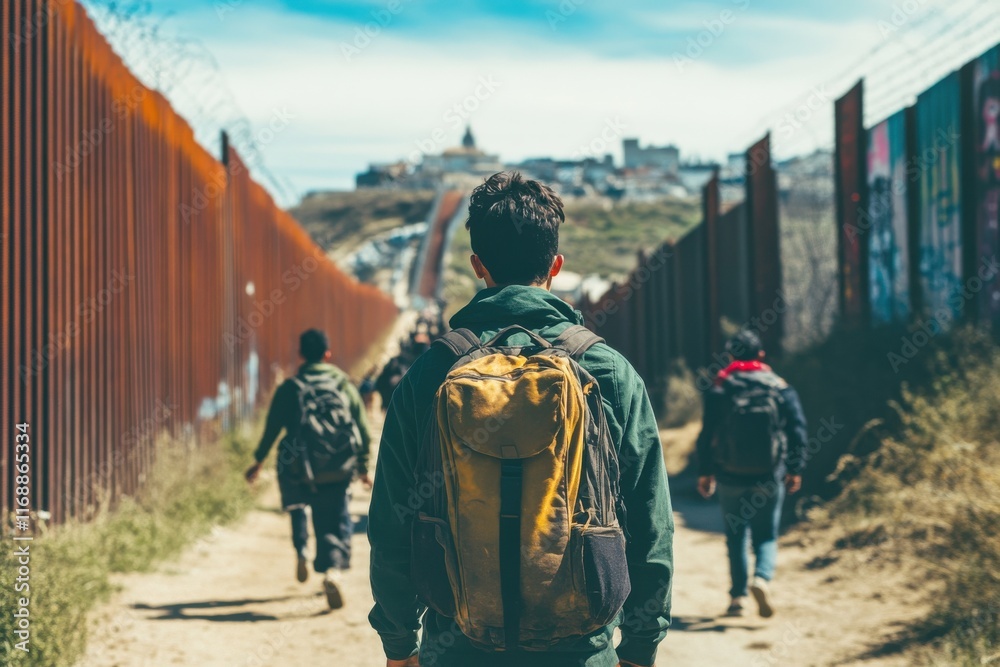 Journey along the border: a group of travelers navigating a rugged path under an expansive sky Journey along the border: a group of travelers navigating a rugged path under an expansive sky