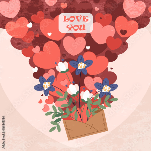 Valentines Day holiday card. Vector illustration or banner. Festive valentine for romantic holiday. To send a love letter with confession of love. Love you text. Envelope with flowers and hearts.