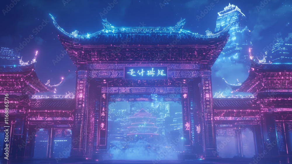 Fototapeta premium Futuristic China: Enormous Digital Screen Displaying Advanced Weather Analytics Above Ancient Gate in Calligraphy Form - Cinematic Ultra-Detailed Image