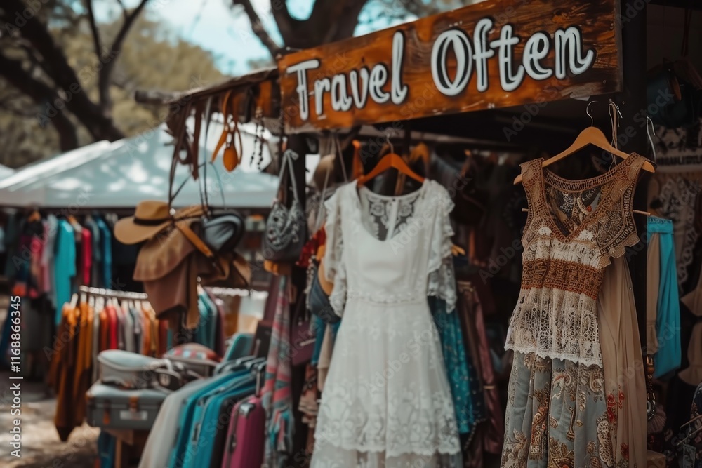 Fototapeta premium Vibrant flea market showcase outdoor shopping event fashion finds nature setting wide-angle view travel inspiration