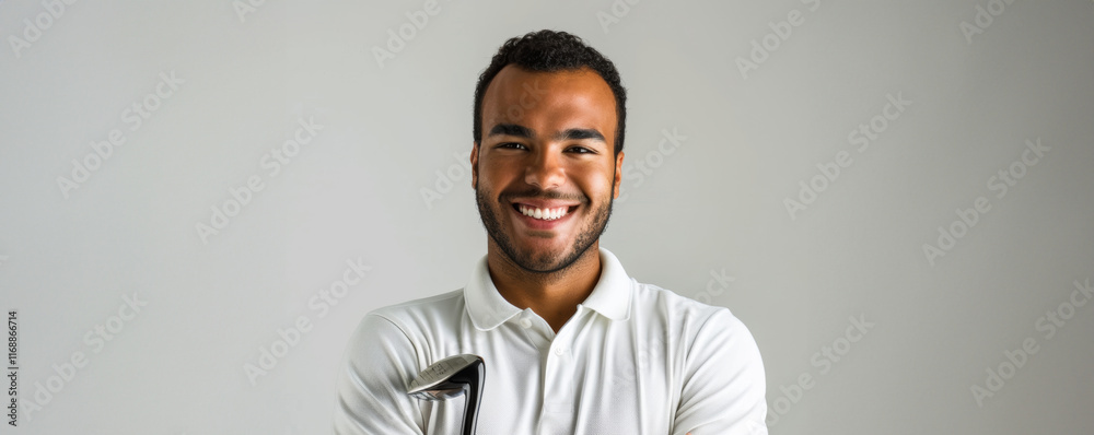 Obraz premium A mature black African man, aged 40-60, shows a calm and composed demeanor, with a warm smile that captures his thoughtful introspection and rich life experiences.