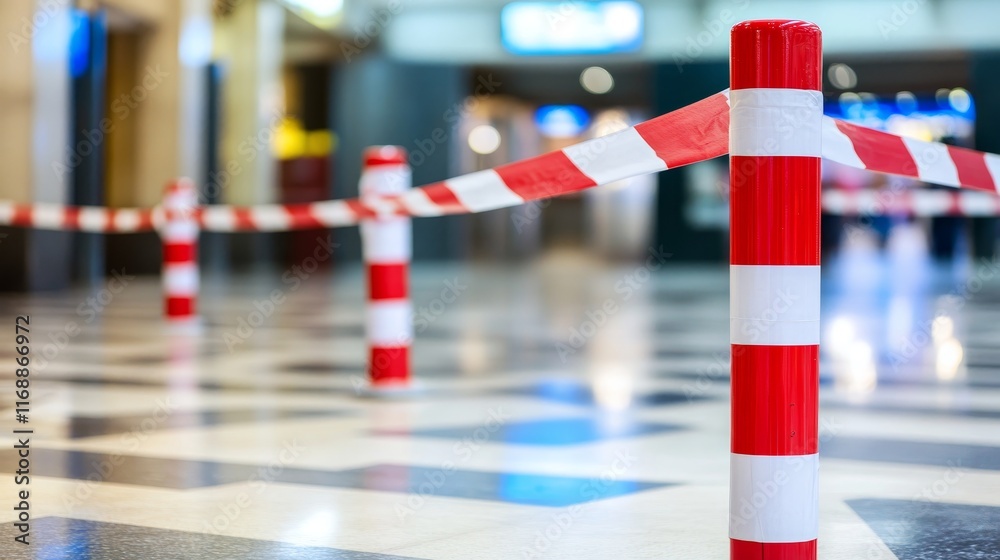 Obraz premium Red and white warning barrier tape blocking entry at a subway station in an airport, with red and white lines of the tape acting as a safety precaution for no entry and security measures