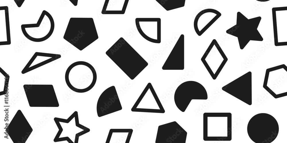 Fototapeta premium Collection set basic shapes seamless pattern, creative childish doodle fun background. Design for fabric, textile, covers, gift wrap, wallpaper.
