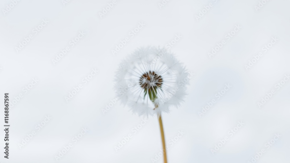 Delicate Dandelion Seed Head Against a Soft White Background, a Symbol of Nature's Ephemeral Beauty Delicate Dandelion Seed Head Against a Soft White Background, a Symbol of Nature's Ephemeral Beauty