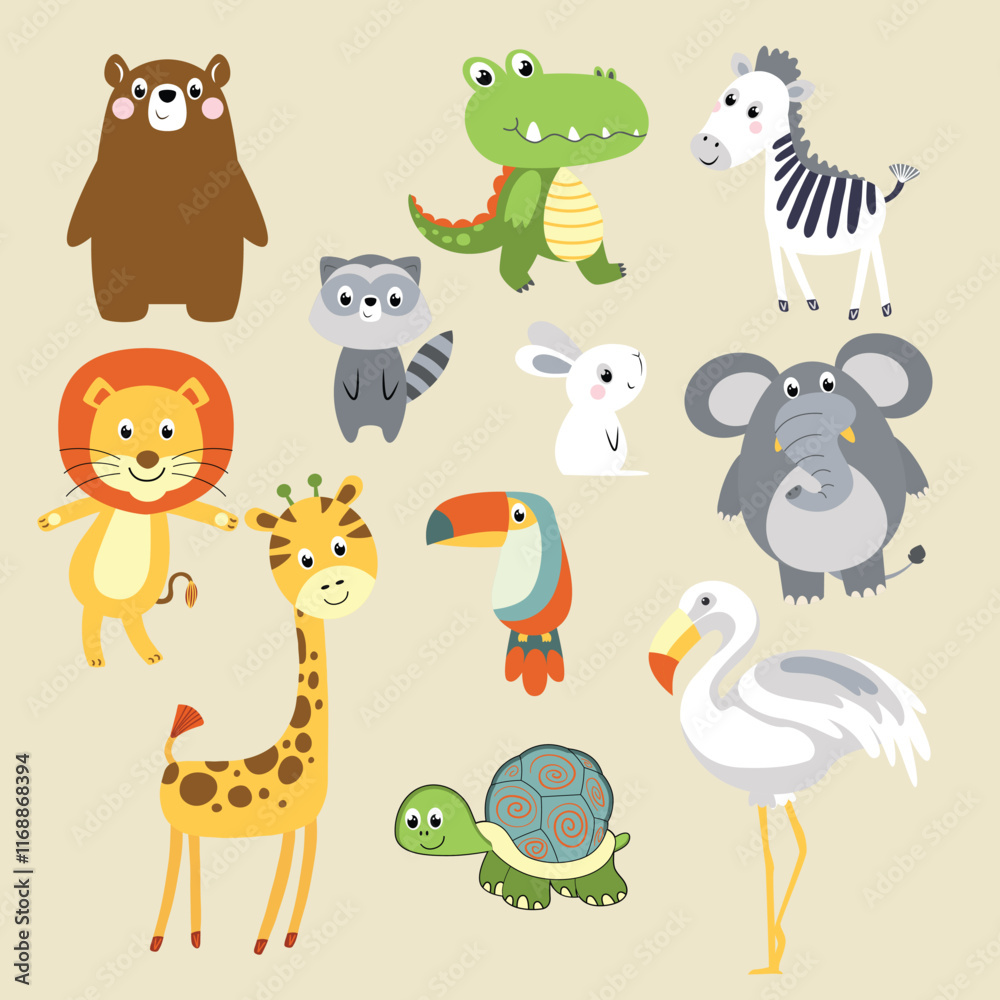 Fototapeta premium Adorable vector collection of cute animals with playful designs and vibrant colors