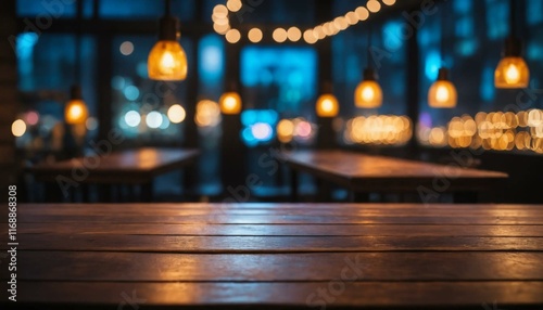 A detailed view of a wooden tabletop with a softly blurred bokeh backdrop, illuminated by vibrant neon lights in a dimly lit interior, evoking a nighttime atmosphere