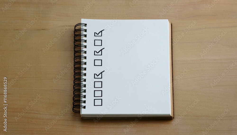 A blank notebook with a checklist being filled in and the last box being checked A blank notebook with a checklist being filled in and the last box being checked