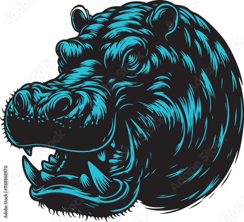 Fierce Hippopotamus Head with Powerful, Angry Look
