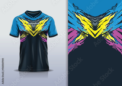 T-shirt mockup abstract texture grunge texture sport jersey design for football, soccer, racing, esports, running, in yellow pink blue black color