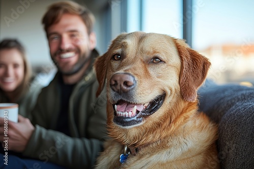 A bearded gay couple and their labrador dog sit on a couch working remotely on a laptop in a cozy living room