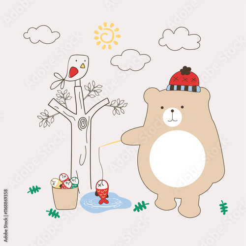 Adorable bear vector peacefully fishing by the river in a serene and nature-filled environment. 