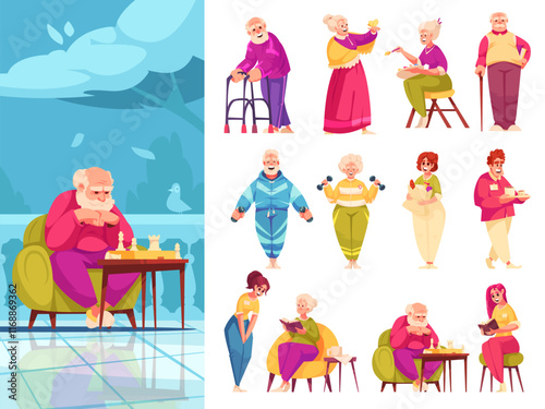 Elderly care hand drawn illustration and icons collection