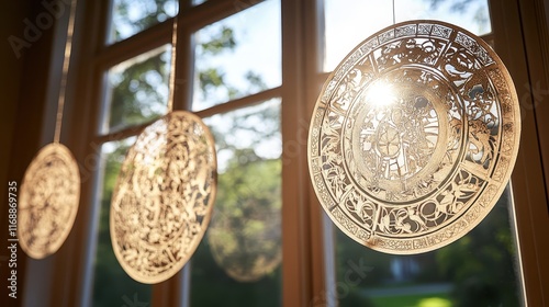 Intricate Zodiac Paper Cuttings Hung on Windows photo