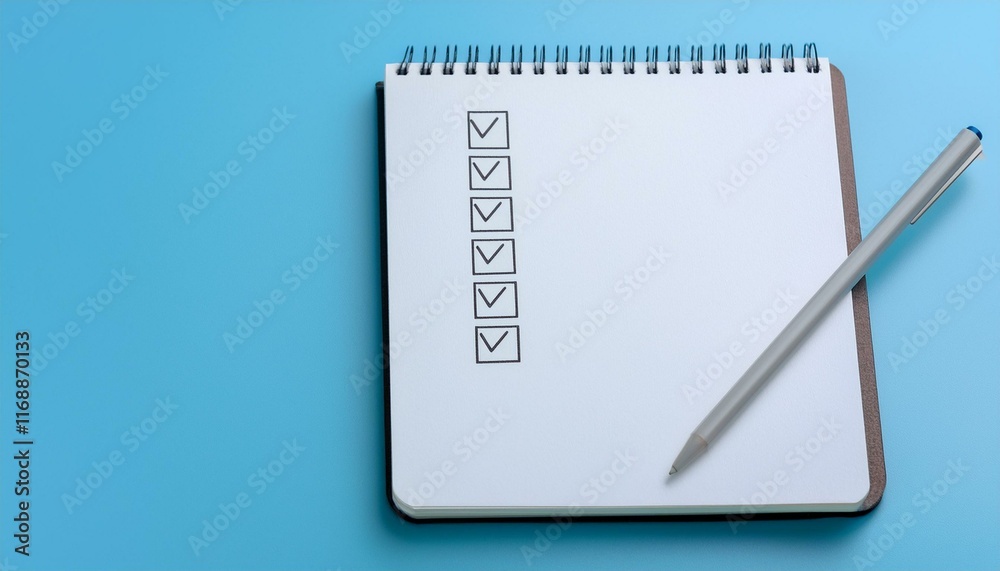 A blank notebook with a checklist being filled in and the last box being checked