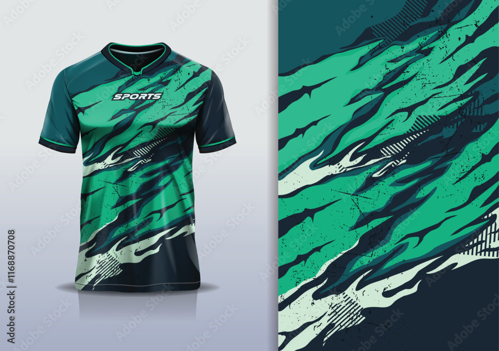 T-shirt mockup abstract texture grunge texture sport jersey design for football, soccer, racing, esports, running, in green black color