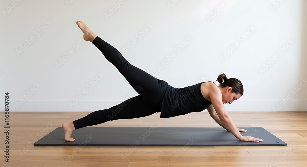 Fototapeta premium Woman Doing Pilates Exercise Leg Extension on Mat