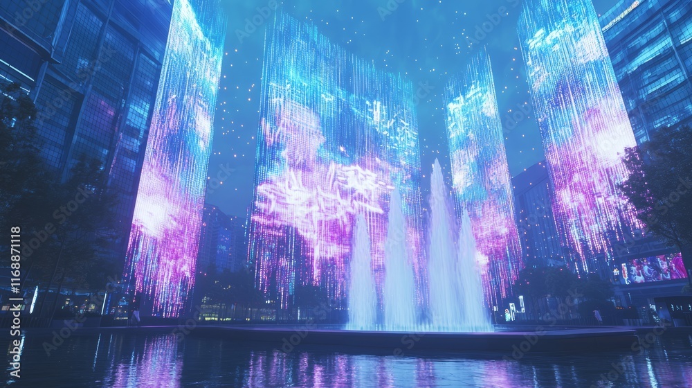 Obraz premium Glimmering Digital Calligraphy: Futuristic China in Bustling Shopping District