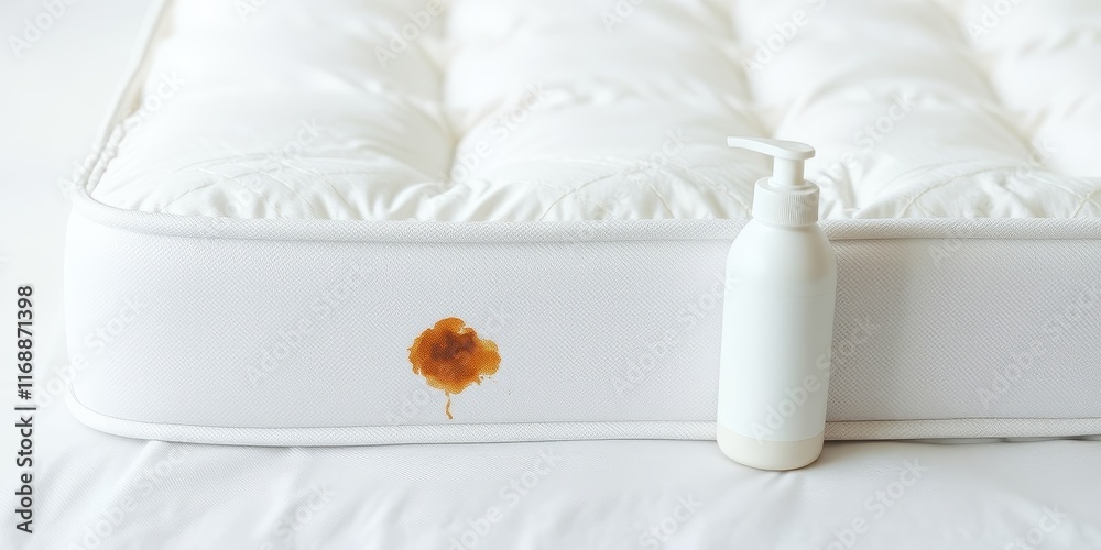 Cleaning a stain on a mattress with a bottle of cleaning solution Cleaning a stain on a mattress with a bottle of cleaning solution
