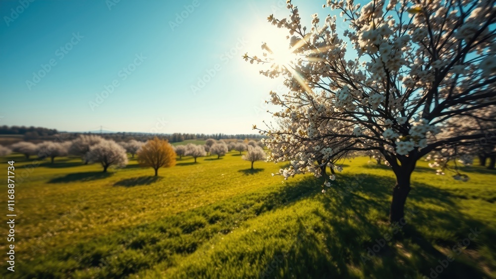 Fototapeta premium Sunlit Orchard in Springtime Blossoming Trees and Vibrant Green Meadow