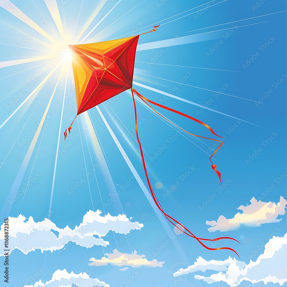 makar sankranti kite soaring in sky with bright sun rays shining on it makar sankranti kite soaring in sky with bright sun rays shining on it