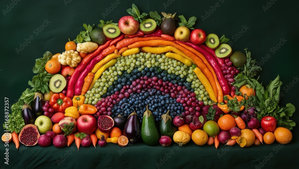 Vibrant Display of Fresh Fruits and Vegetables Arranged in a Rainbow Gradient on a Dark Green Background, Showcasing Nature's Colorful Bounty and Health Benefits Vibrant Display of Fresh Fruits and Vegetables Arranged in a Rainbow Gradient on a Dark Green Background, Showcasing Nature's Colorful Bounty and Health Benefits