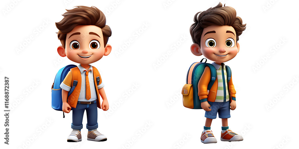 3D Cartoon School Boy Wearing a School Bag, Ready for Learning and Adventure, Representing Education 3D Cartoon School Boy Wearing a School Bag, Ready for Learning and Adventure, Representing Education