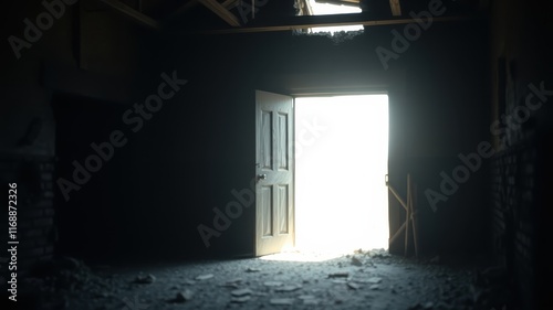Wallpaper Mural A dimly lit room, a door ajar, revealing a bright light outside; hope amidst the debris Torontodigital.ca