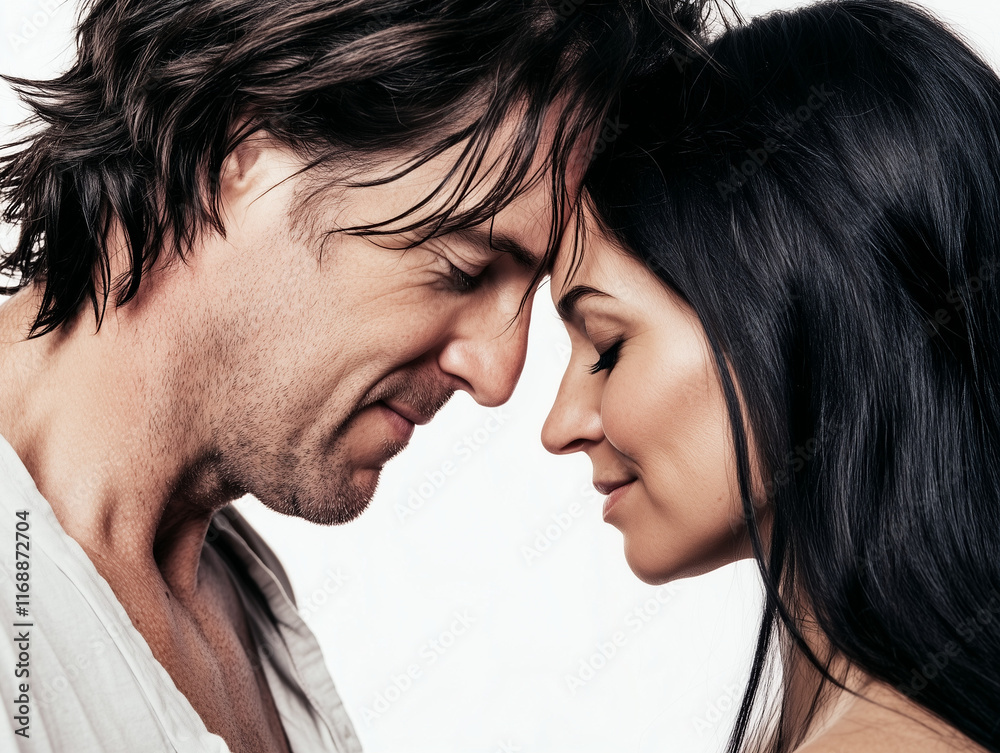 Close up portraits of mid 30s couple in love. Putting their head together.