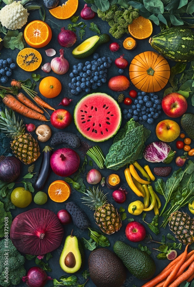 Vibrant Display of Fresh Fruits and Vegetables Arranged on Dark Background for Healthy Eating, Nutrition, and Culinary Inspiration Vibrant Display of Fresh Fruits and Vegetables Arranged on Dark Background for Healthy Eating, Nutrition, and Culinary Inspiration