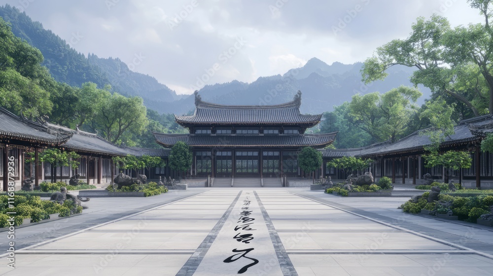 Digital Calligraphy Dance in Ancient Temple Courtyard - Futuristic China Augmented Reality Concept Digital Calligraphy Dance in Ancient Temple Courtyard - Futuristic China Augmented Reality Concept