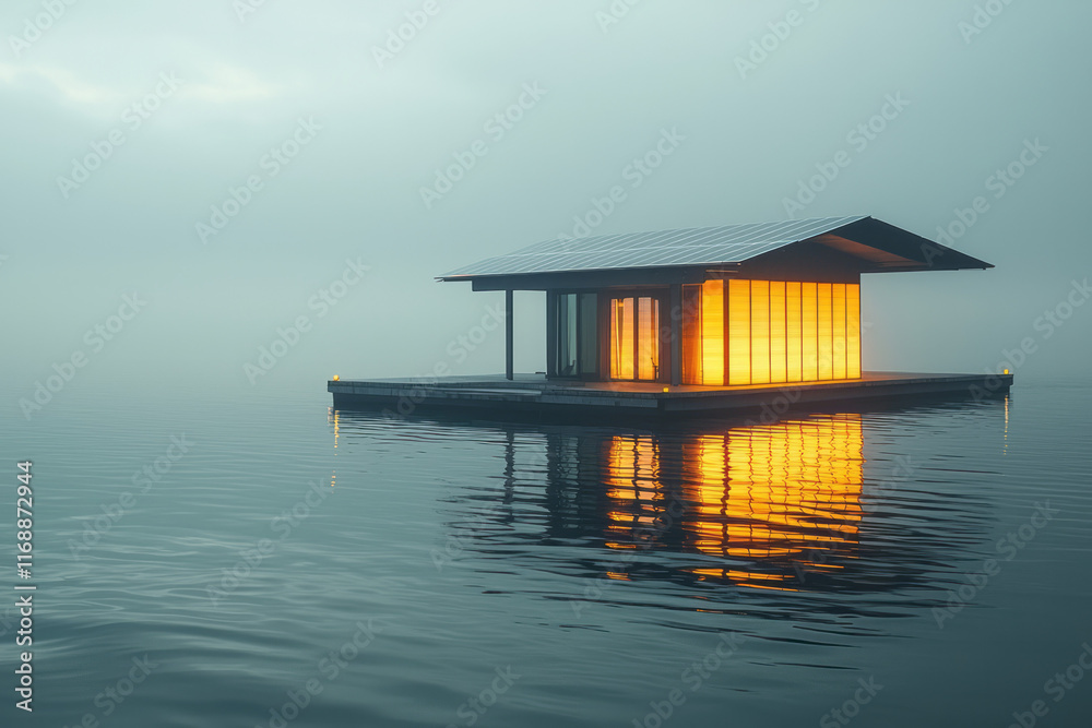 A floating solar farm glowing softly in a calm sea, A floating solar farm glowing softly in a calm sea,