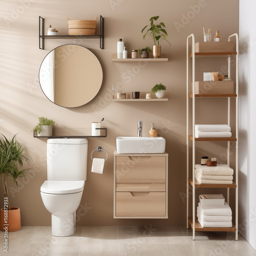 Modern Beige Bathroom Interior Toilet Sink Shelves  Towels